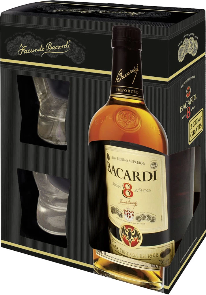Bacardi Rum 8 Anos 0,7 Liter In Geschenkverpackung Mit 2 Gläsern